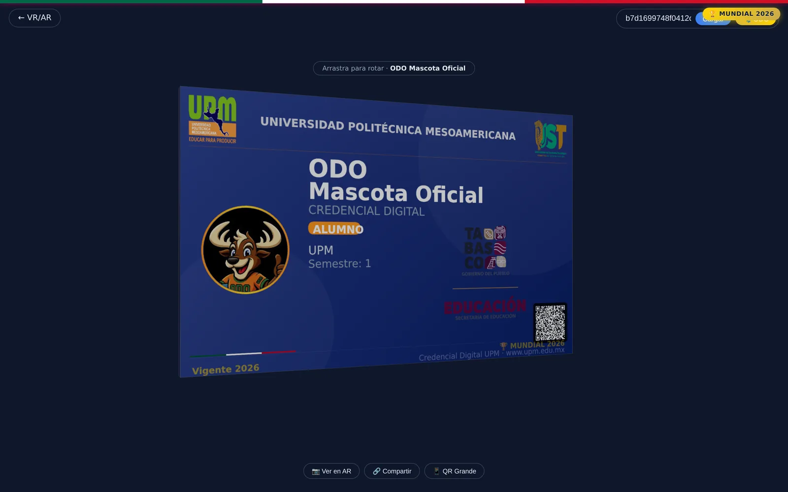id.upm.edu.mx social 视图中的 ODO Mascota Oficial 3D 证件，可旋转卡片并显示有效期。